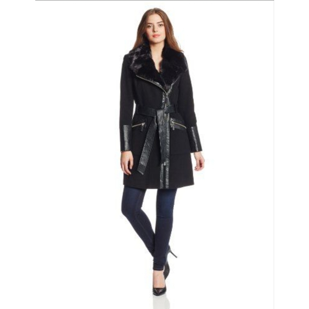Via Spiga Womens Asymmetrical Zip Front Wool Coat with Faux Fur Size 4
